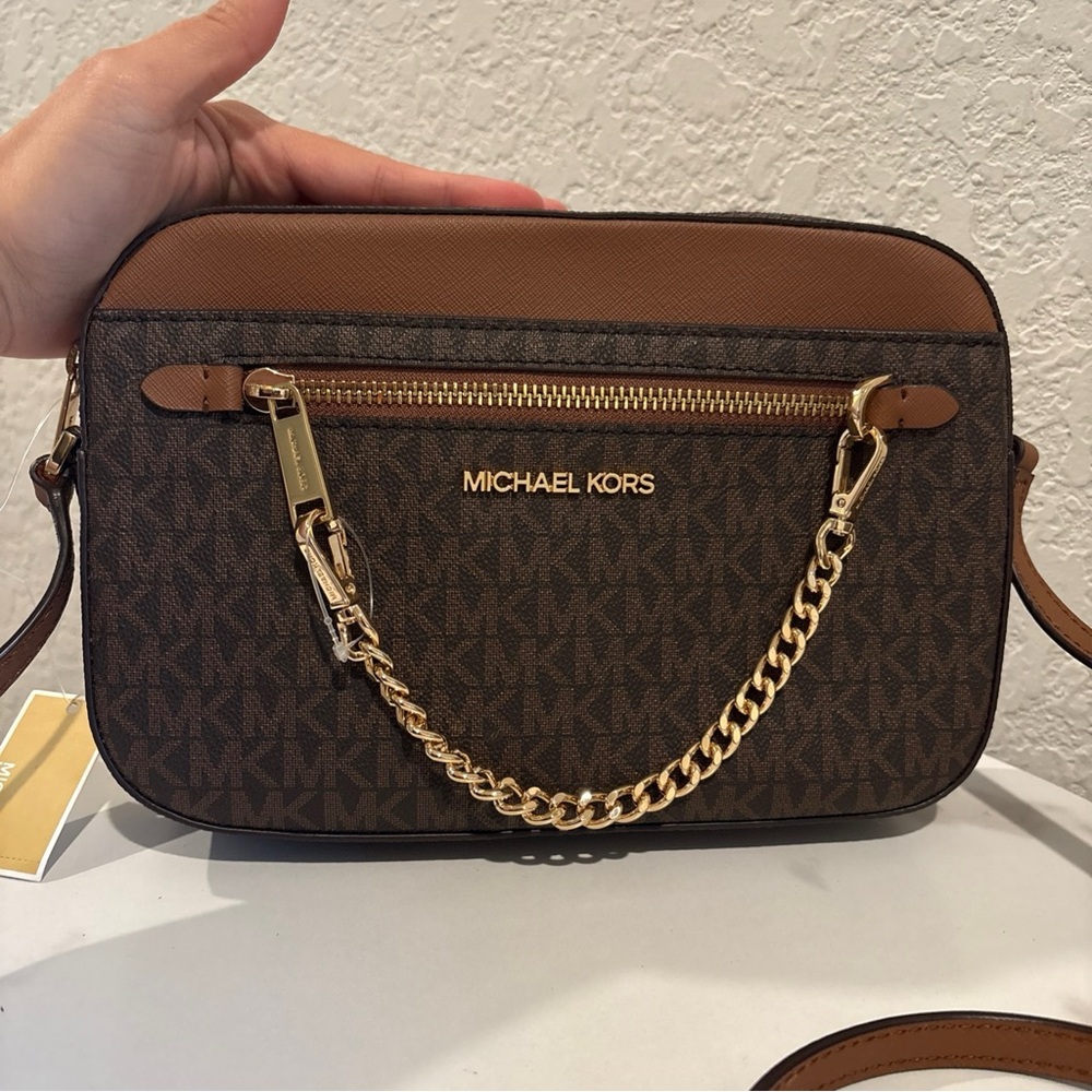 Michael Kors Brown East West Large Monogram Crossbody with Gold Hardware NWT - Picture 3 of 10